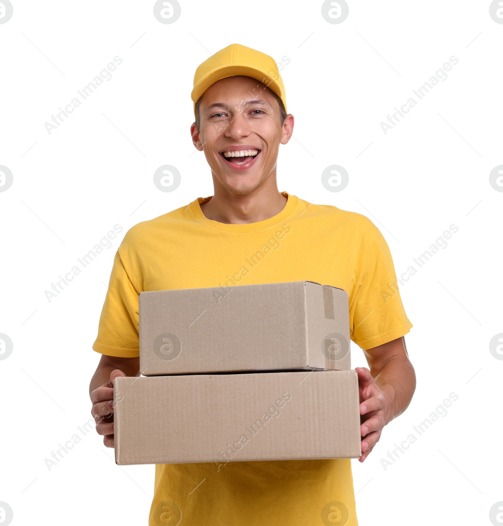 Photo of Portrait of courier with parcels on white background