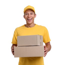 Photo of Portrait of courier with parcels on white background