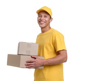 Photo of Portrait of courier with parcels on white background