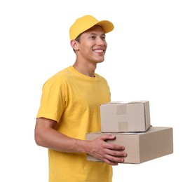 Photo of Portrait of courier with parcels on white background