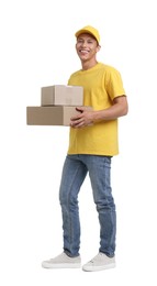 Photo of Young courier with parcels on white background