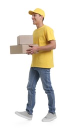Photo of Young courier with parcels on white background