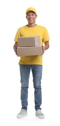 Photo of Young courier with parcels on white background