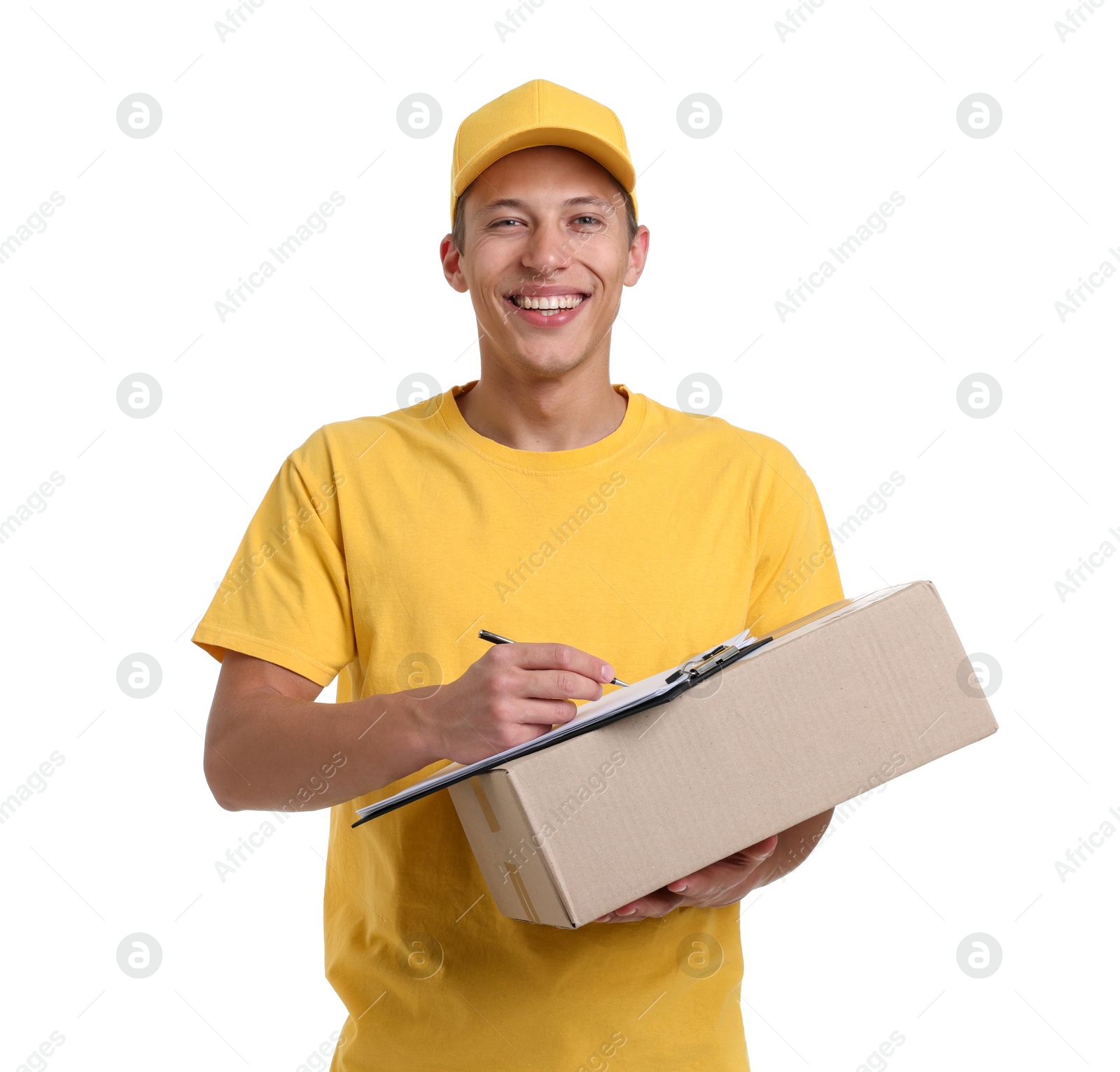 Photo of Portrait of courier with parcel and clipboard on white background