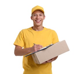 Photo of Portrait of courier with parcel and clipboard on white background