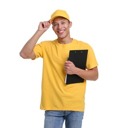Photo of Portrait of courier with clipboard on white background
