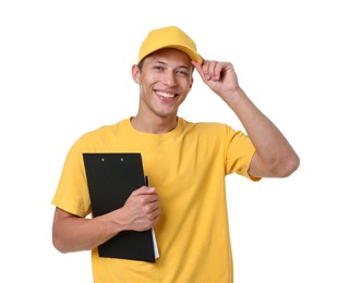 Photo of Portrait of courier with clipboard on white background
