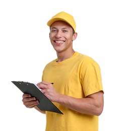 Photo of Portrait of courier with clipboard on white background