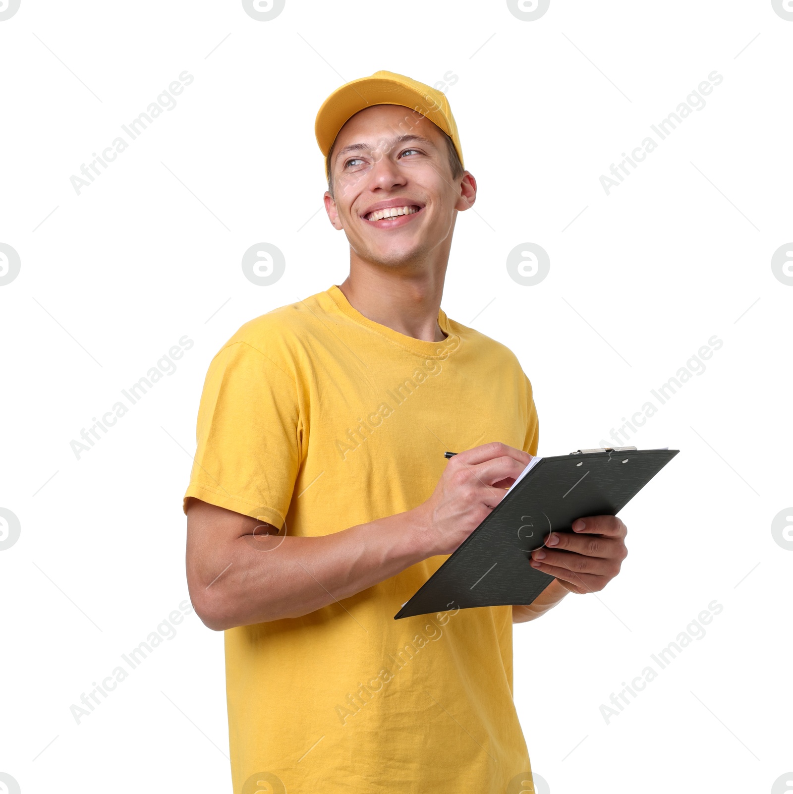 Photo of Portrait of courier with clipboard on white background