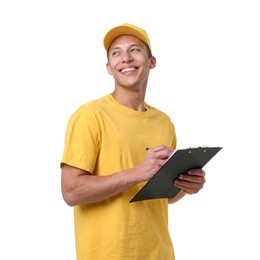 Photo of Portrait of courier with clipboard on white background
