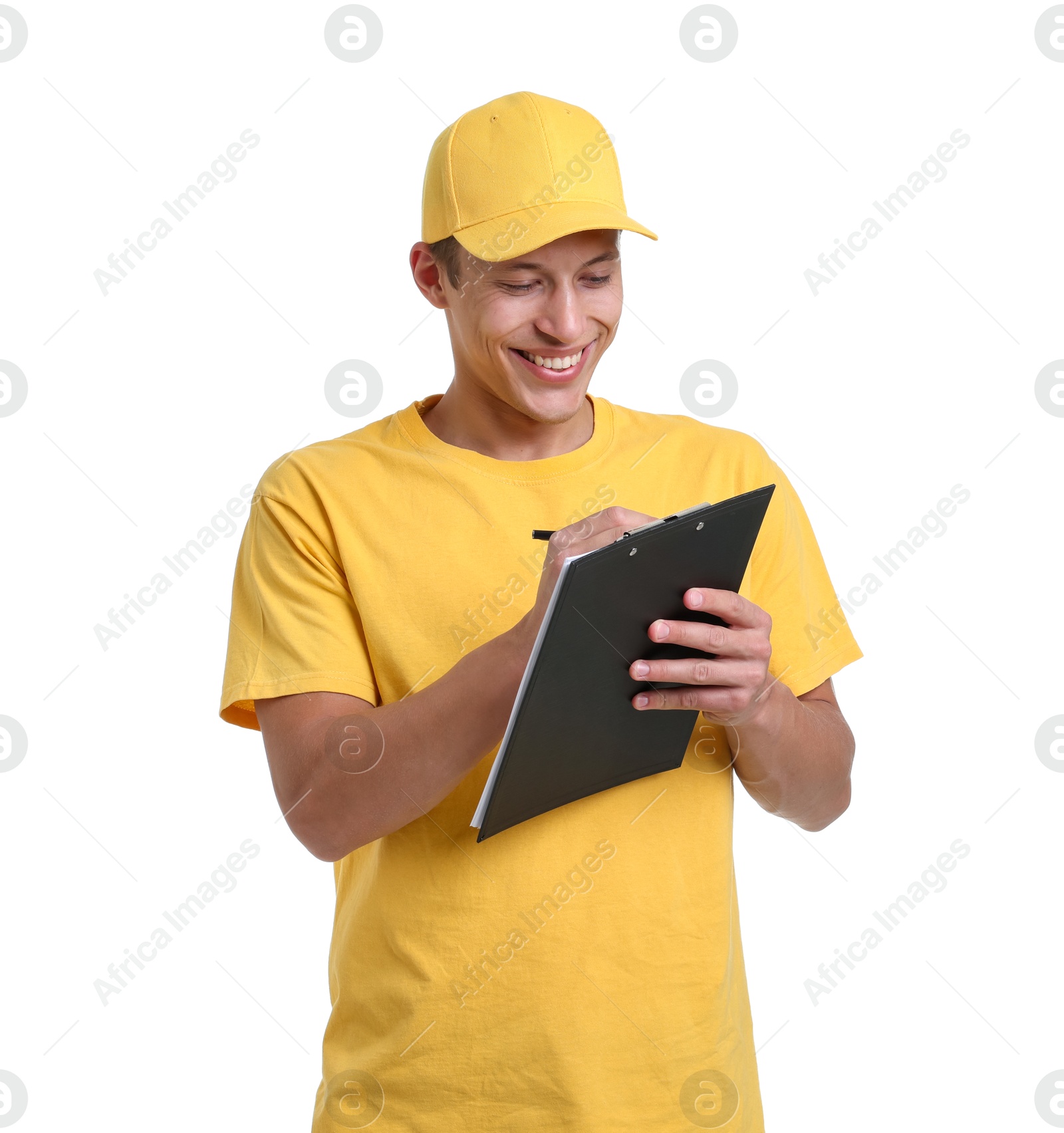 Photo of Portrait of courier with clipboard on white background