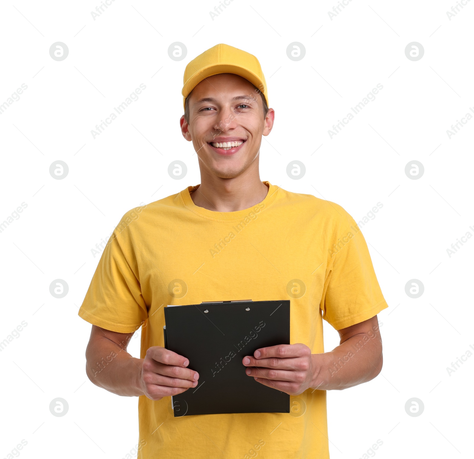 Photo of Portrait of courier with clipboard on white background