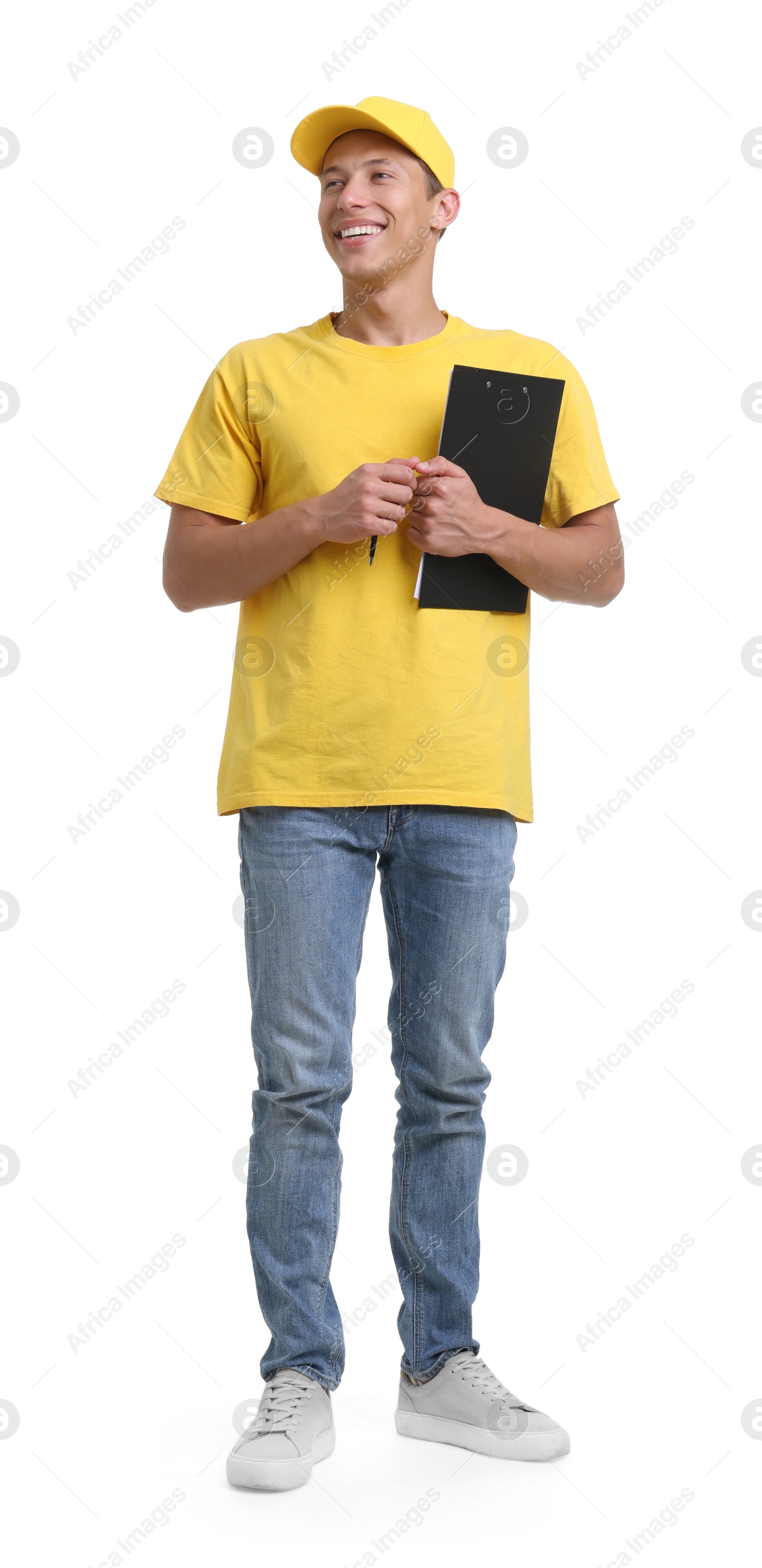 Photo of Young courier with clipboard on white background
