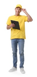 Photo of Young courier with clipboard on white background
