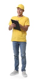Photo of Young courier with clipboard on white background