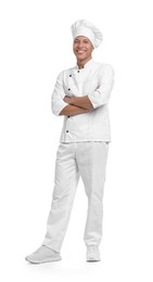Photo of Full-length portrait of professional chef in uniform on white background