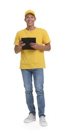 Photo of Young courier with clipboard on white background