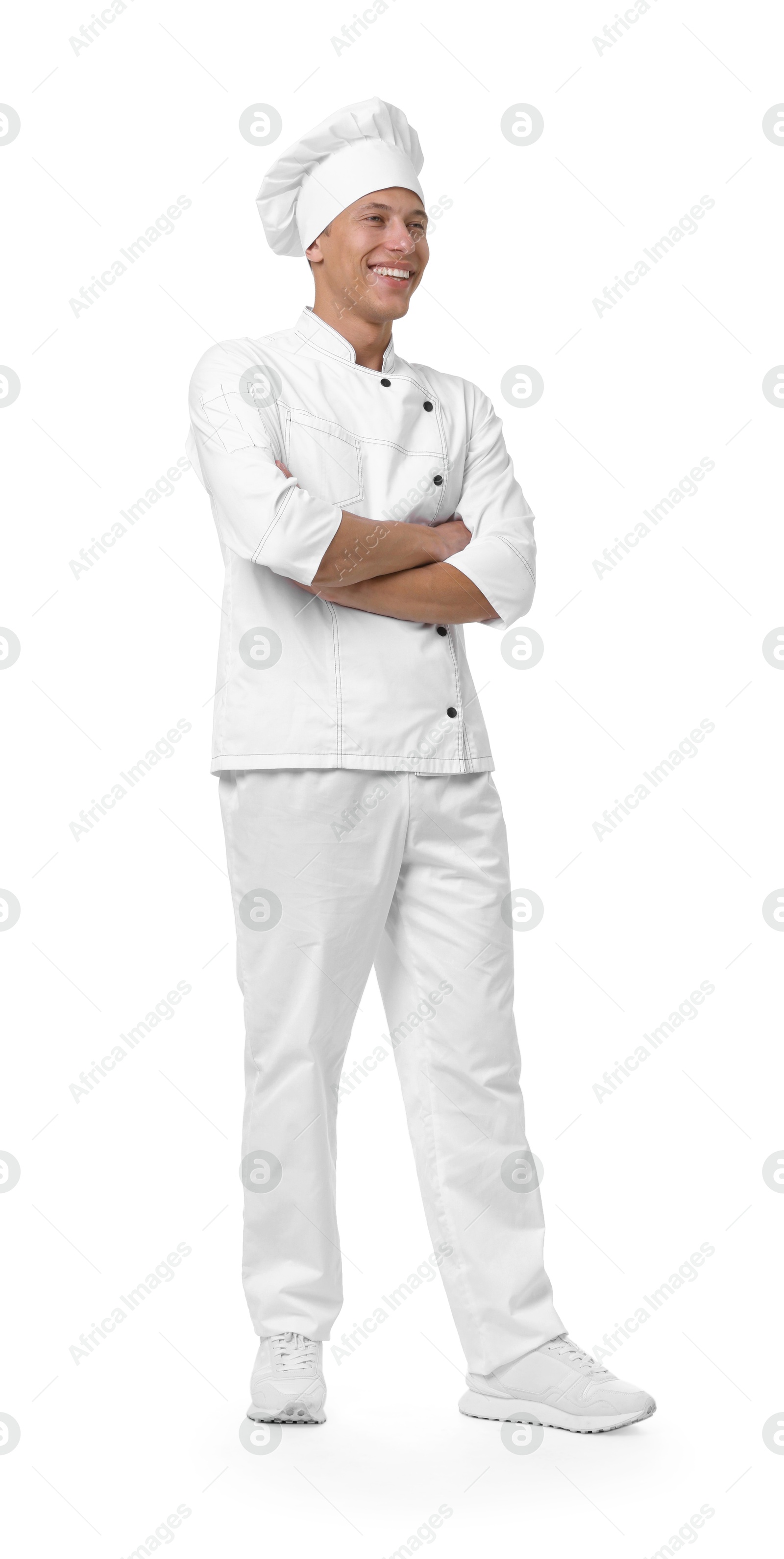 Photo of Full-length portrait of professional chef in uniform on white background