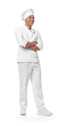 Photo of Full-length portrait of professional chef in uniform on white background