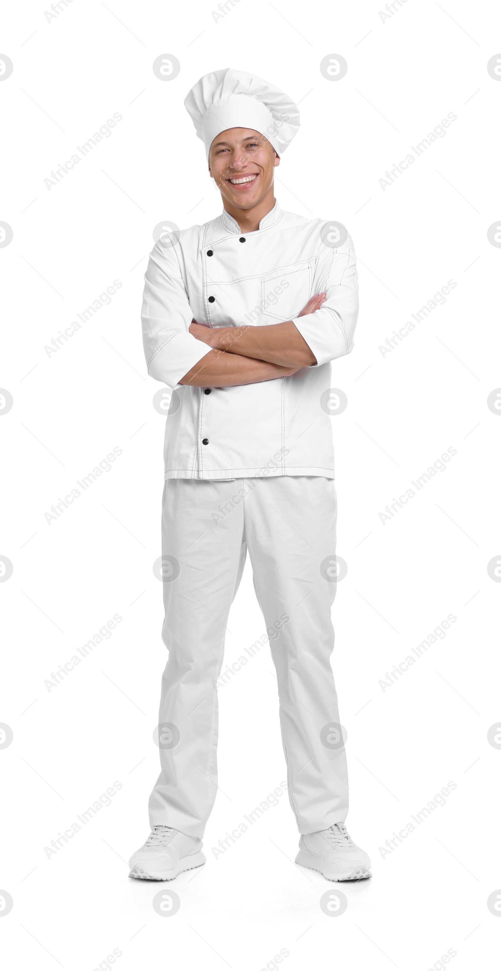 Photo of Full-length portrait of professional chef in uniform on white background