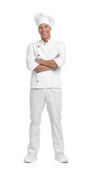 Photo of Full-length portrait of professional chef in uniform on white background