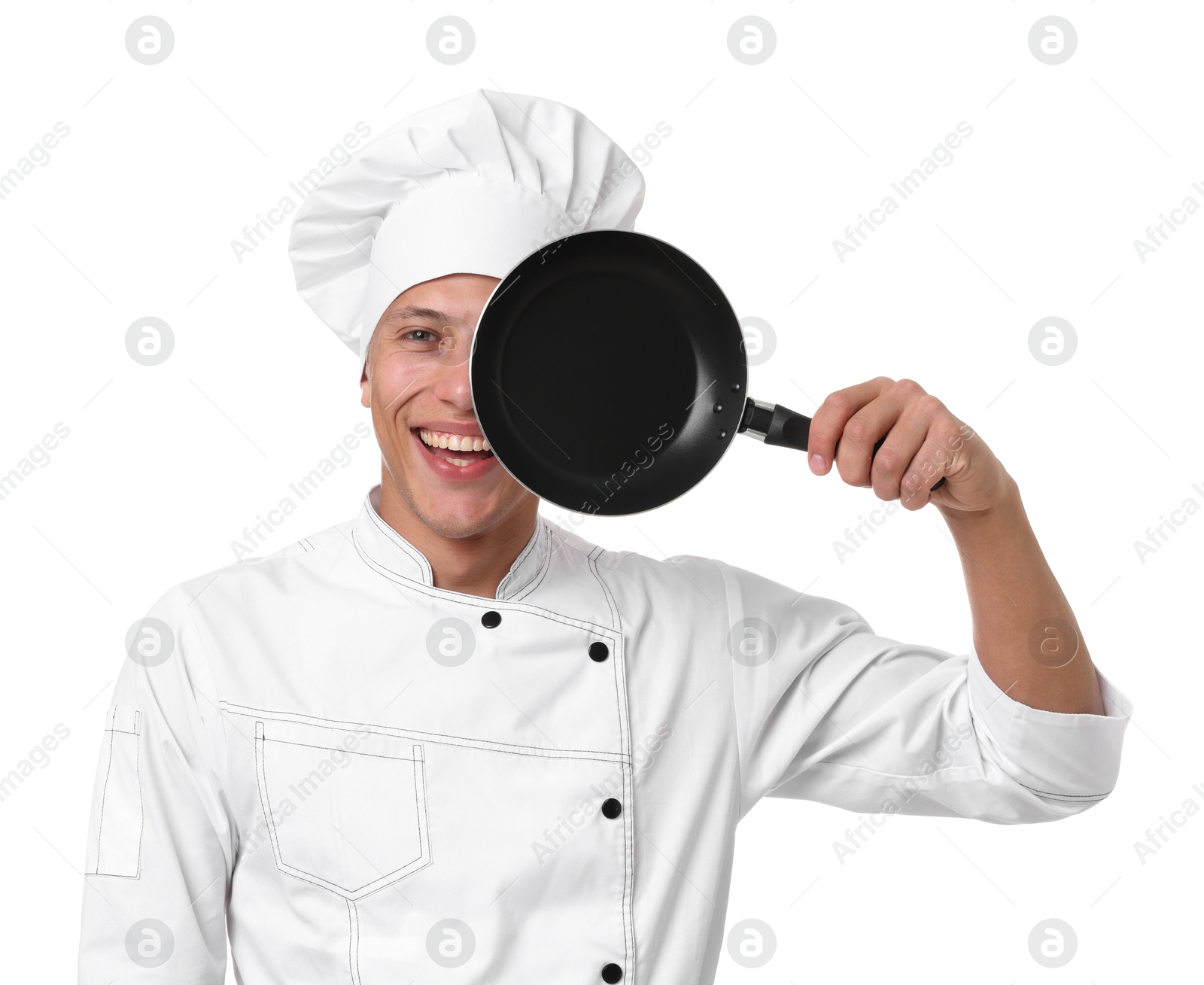 Photo of Portrait of professional chef in uniform with frying pan on white background