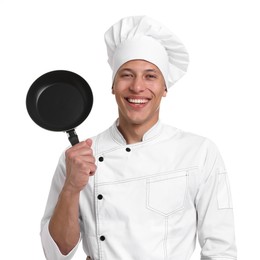 Photo of Portrait of professional chef in uniform with frying pan on white background