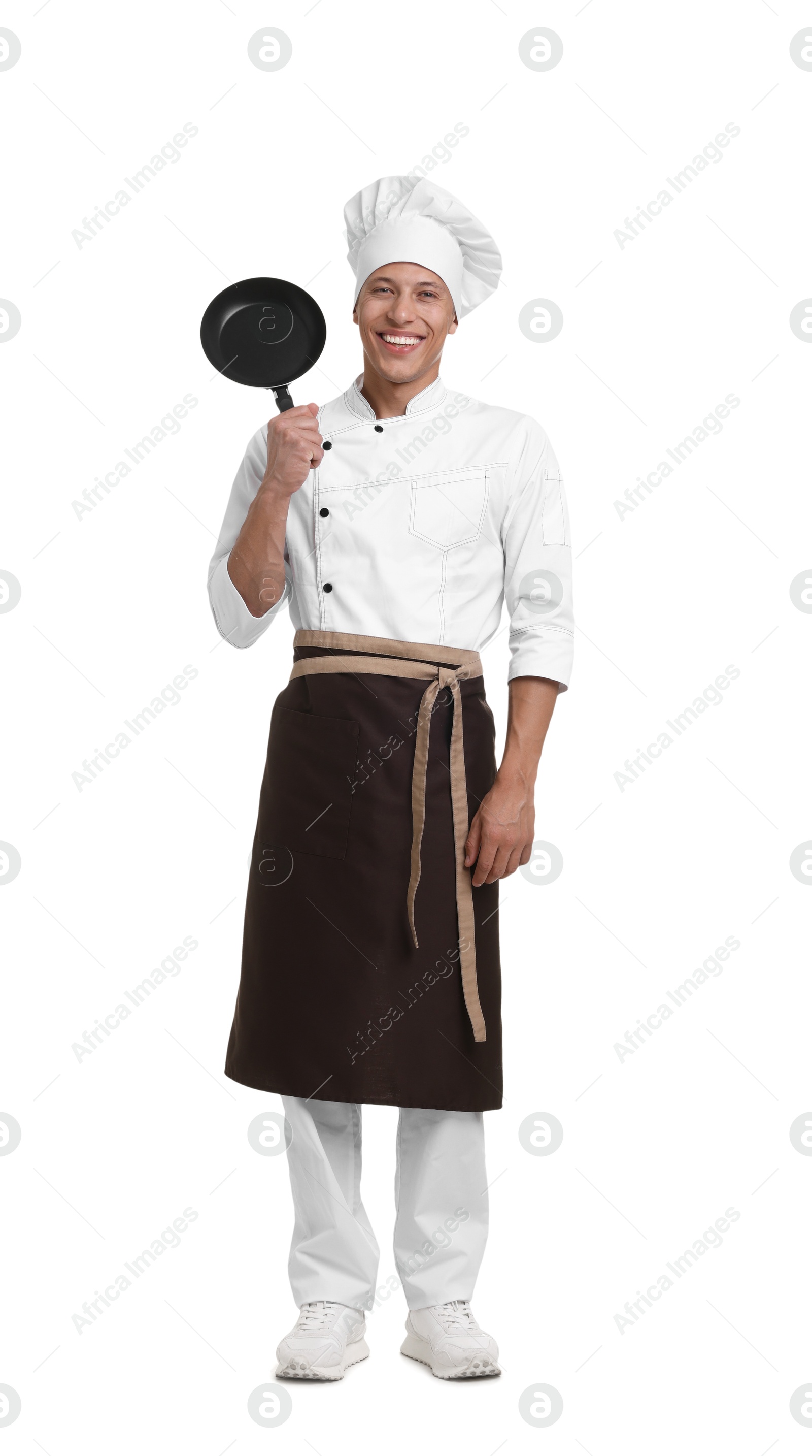 Photo of Professional chef in uniform with frying pan on white background