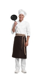 Photo of Professional chef in uniform with frying pan on white background