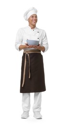 Photo of Professional chef in uniform with bowl on white background