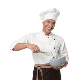 Photo of Portrait of professional chef in uniform with bowl and whisk on white background