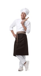 Photo of Professional chef in uniform with rolling pin on white background