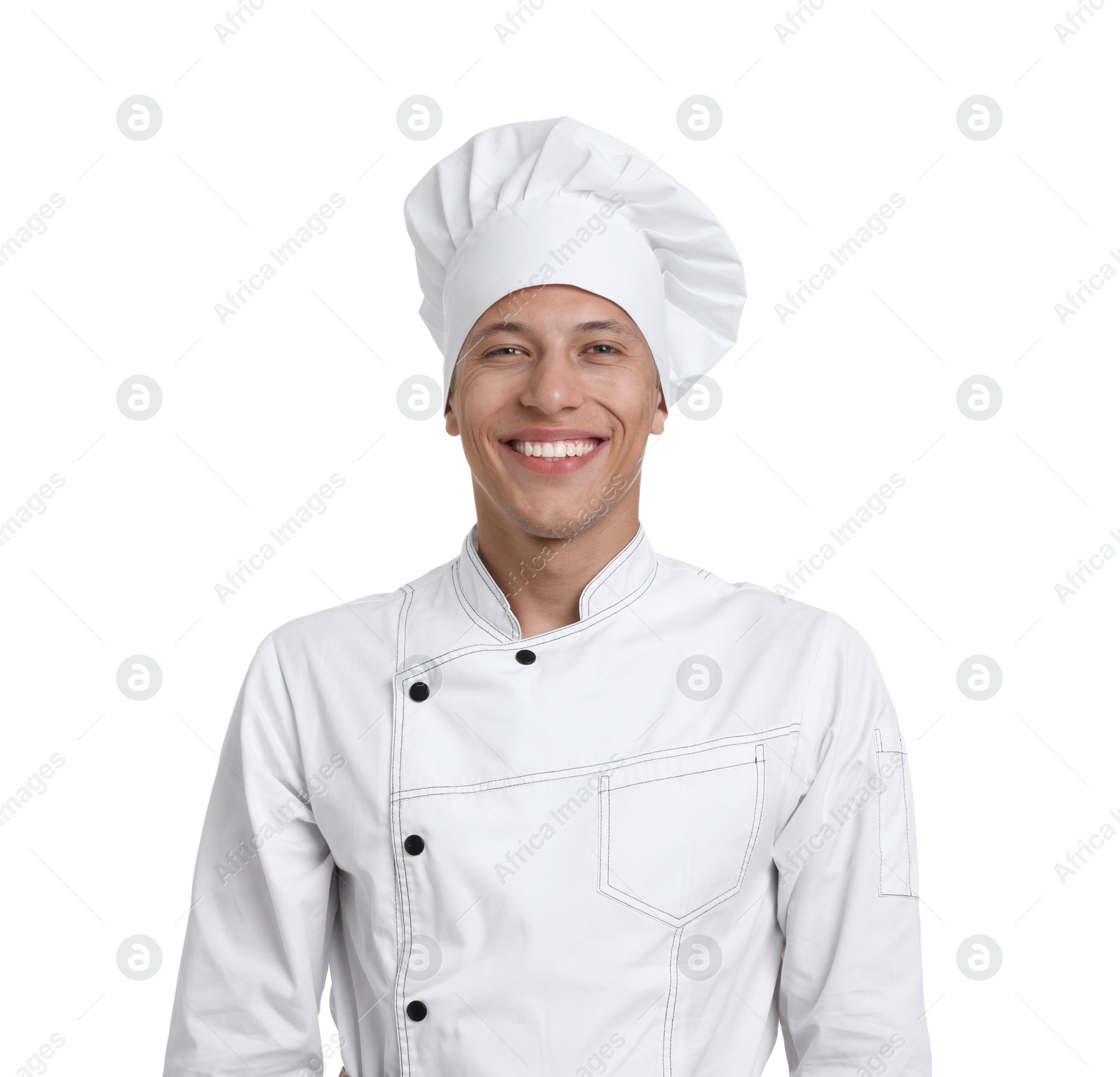 Photo of Portrait of professional chef in uniform on white background