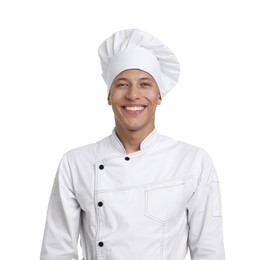 Photo of Portrait of professional chef in uniform on white background