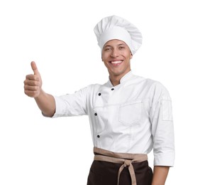 Photo of Portrait of professional chef in uniform showing thumbs up on white background