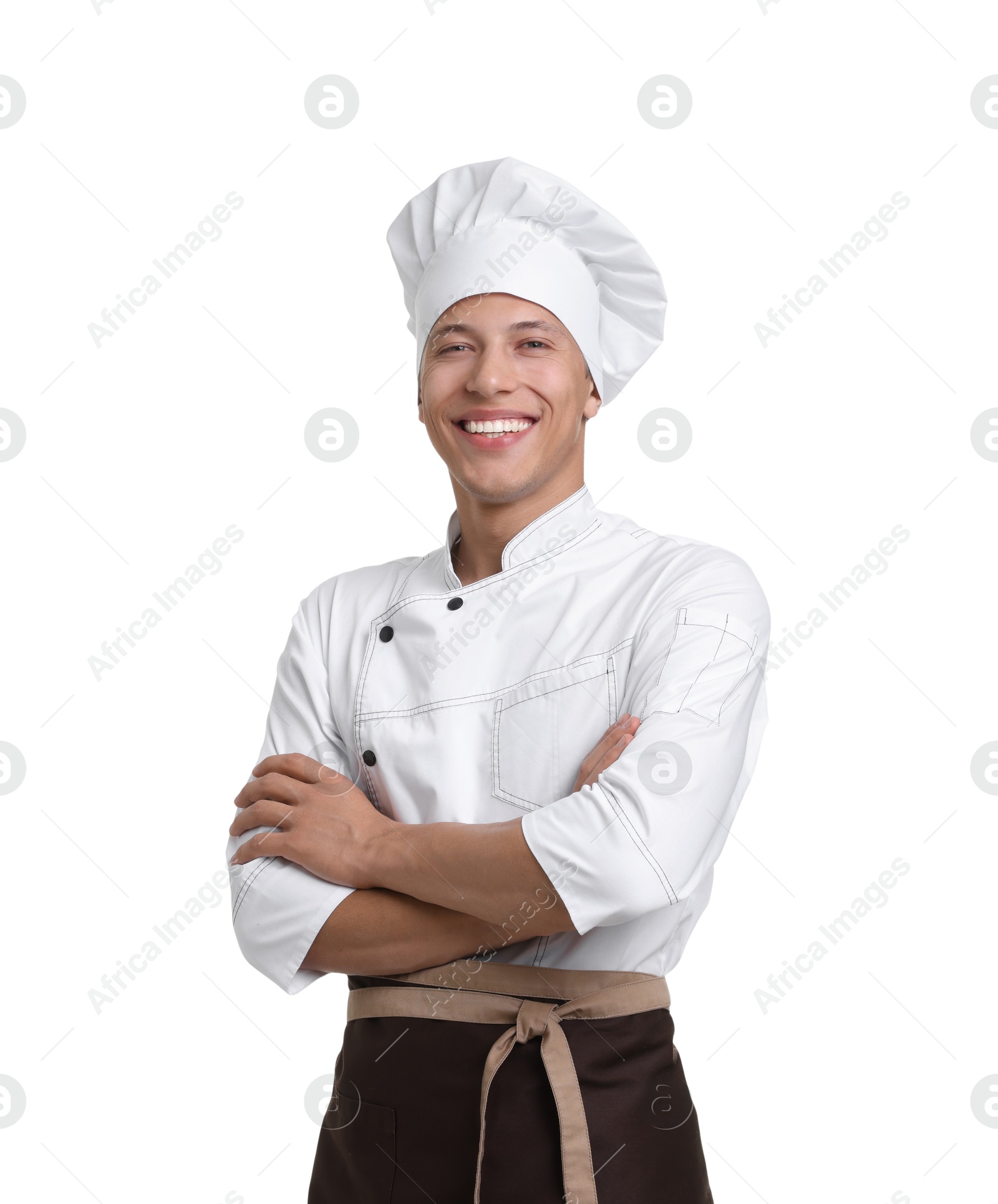 Photo of Portrait of professional chef in uniform on white background