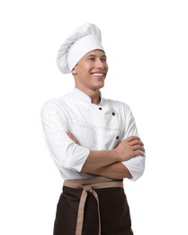 Photo of Portrait of professional chef in uniform on white background