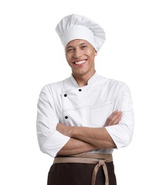 Photo of Portrait of professional chef in uniform on white background