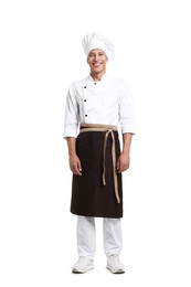Photo of Full-length portrait of professional chef in uniform on white background