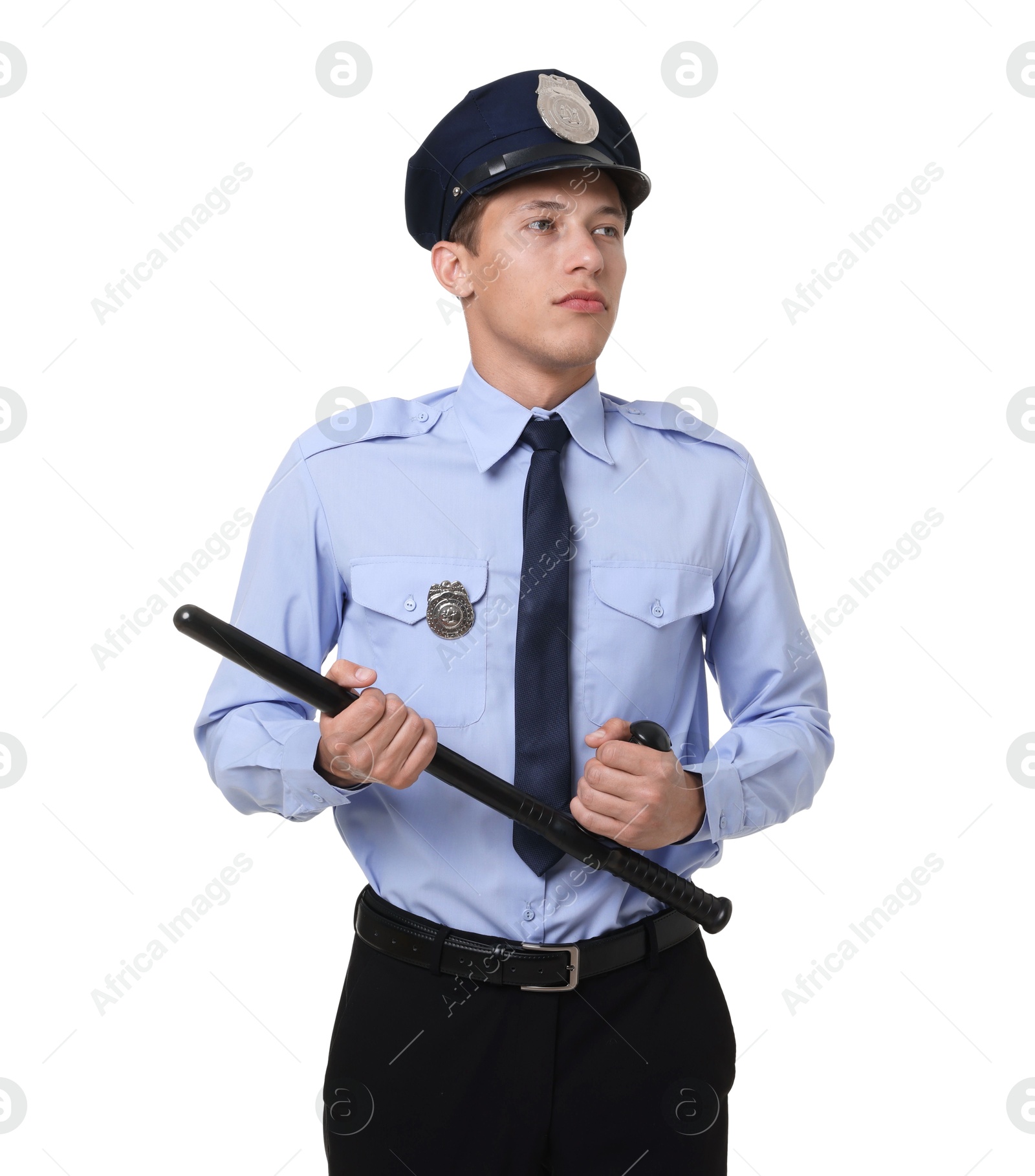 Photo of Portrait of policeman in uniform with baton isolated on white
