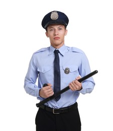 Photo of Portrait of policeman in uniform with baton isolated on white