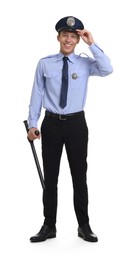 Photo of Young policeman in uniform with baton isolated on white