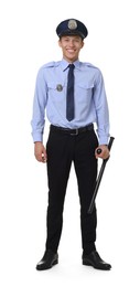 Photo of Young policeman in uniform with baton isolated on white