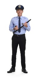 Photo of Young policeman in uniform with baton isolated on white