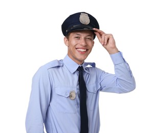 Photo of Portrait of policeman in uniform isolated on white