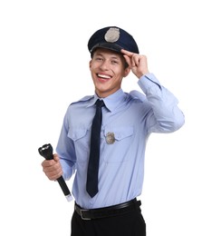 Photo of Portrait of policeman in uniform with flashlight isolated on white