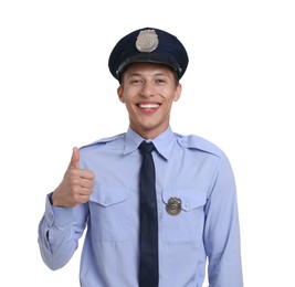 Photo of Portrait of policeman in uniform showing thumbs up isolated on white