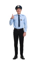 Photo of Young policeman in uniform showing thumbs up isolated on white