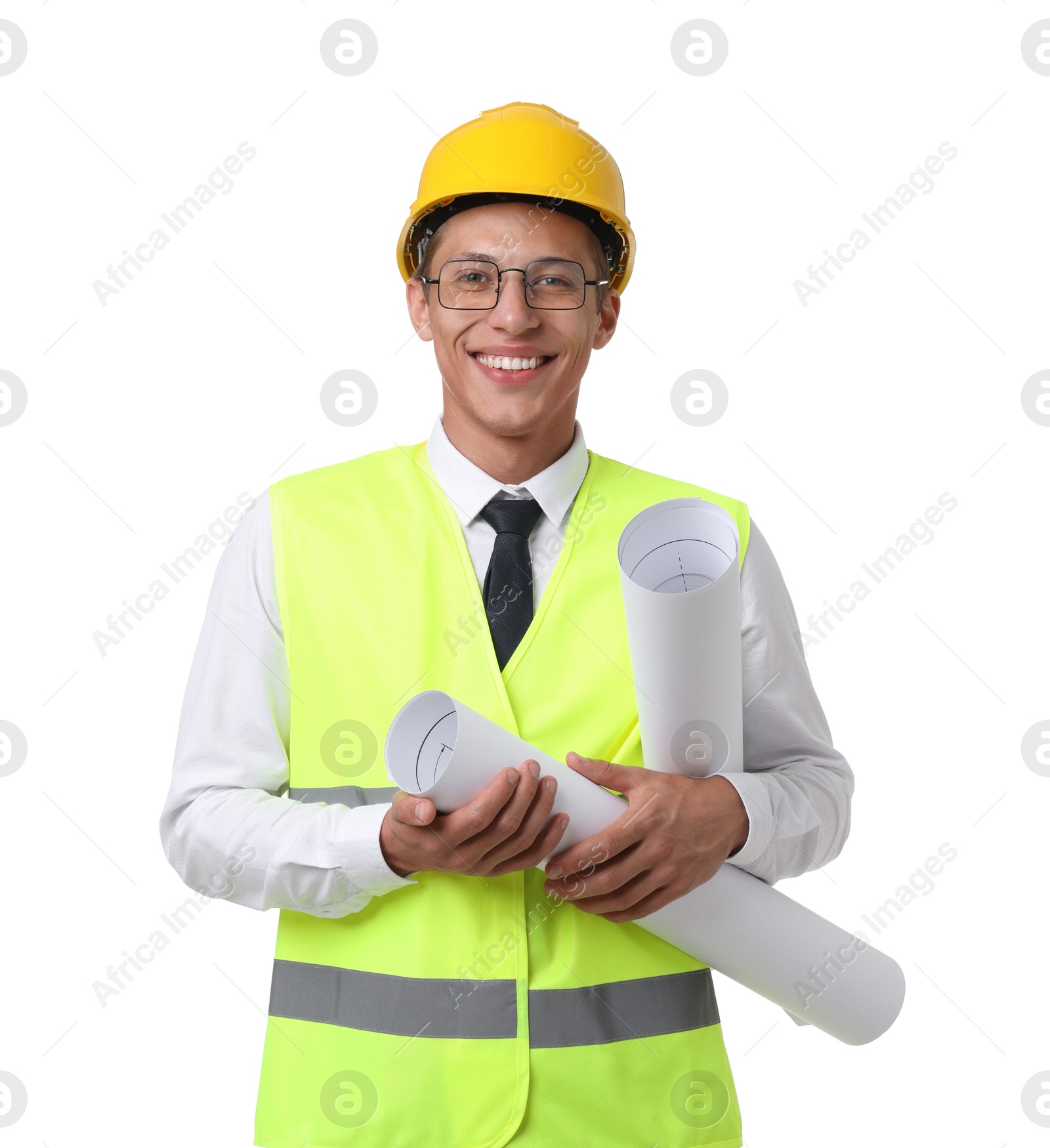 Photo of Portrait of engineer in hard hat and reflective vest with drafts on white background