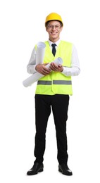 Photo of Young engineer in hard hat and reflective vest with drafts on white background